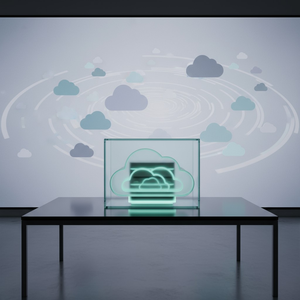 Surreal 3D-styled glass sculpture in a glass display case, with a glowing green neon design resembling a cloud and server ...